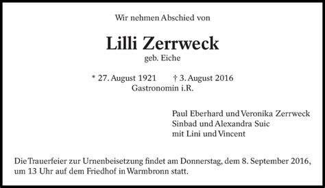 Traueranzeigen Von Lilli Zerrweck Zeit Des Gedenkens De