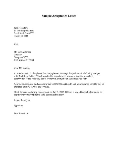 Sample Acceptance LetterACCEPTANCE LETTER. WHEN YOU WANT TO ACCEPT A
