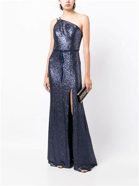 Marchesa Notte Bridesmaids Sequin Embellished One Shoulder Gown Blue