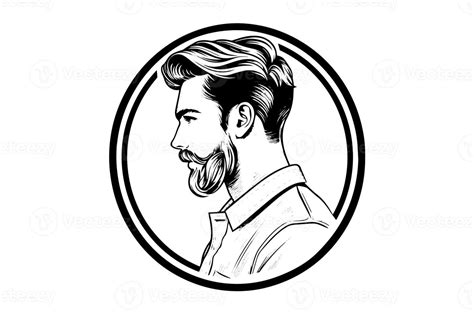 Mano Dibujado Retrato De Barbado Hombre En Perfil Hipster Tinta