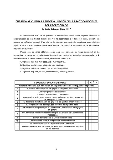 Cuestionario Para La Autoevaluaci N De La Pr Ctica Docente Del