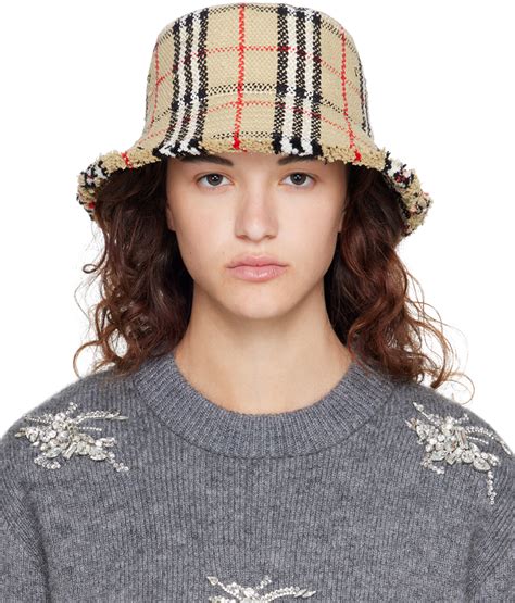 Beige Check Bucket Hat by Burberry on Sale