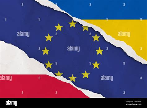 Ukraine European Union Poland Flag Ripped Paper Grunge Background