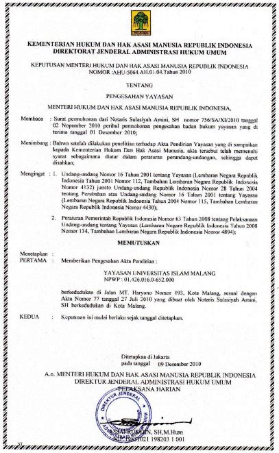 Sk Kemenkumham Yayasan Universitas Islam Malang