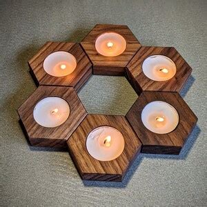 Wooden Walnut Hexagon Tea Light Candle Holder Gift Idea For Weddings