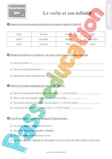 Le verbe et son infinitif Ce2 Exercices révisions PDF à imprimer