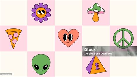 Fun Groovy Retro Clipart Elements Set 60s 70s 80s Cartoon Style Patches Pins Stamps Stickers