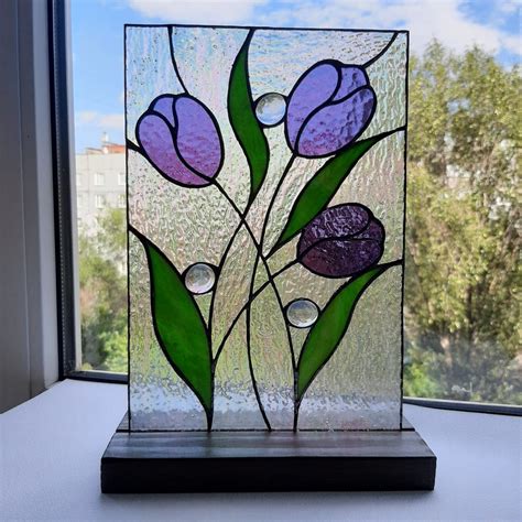 Purple tulips stained glass window decor Suncatcher flower | Etsy