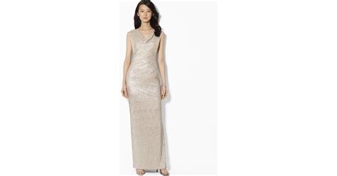 Lyst Ralph Lauren Lauren Cap Sleeve Metallic Cowl Neck Gown In Metallic