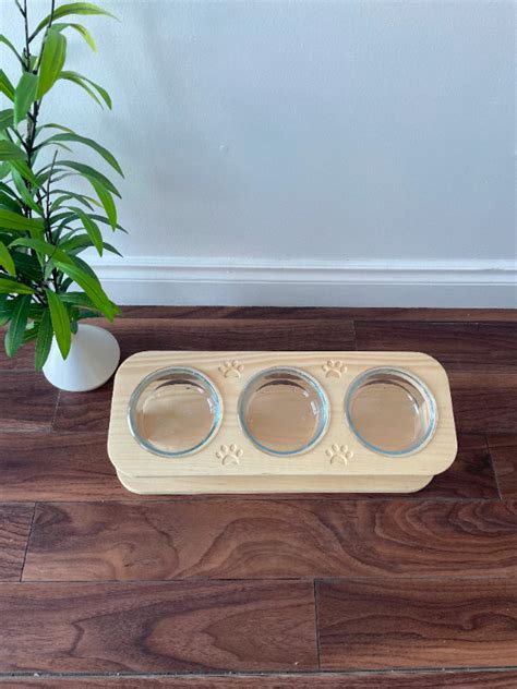 Wooden cat food bowl stand elevated triple bowls 400ml-13.5oz ...