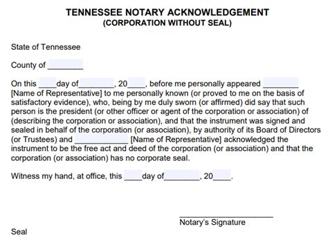 Free Tennessee Notary Acknowledgement Forms Pdf Word