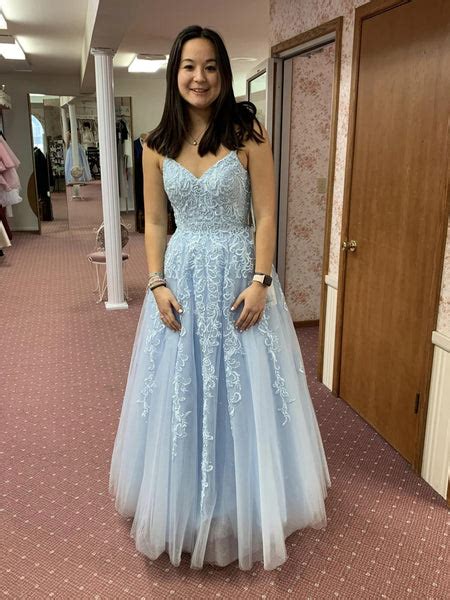 A Line V Neck Backless Light Blue Lace Long Prom Dresses Light Blue L