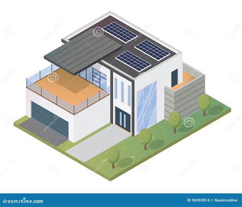 Modern Luxury Isometric Green Eco Friendly House With Solar Panel Stock