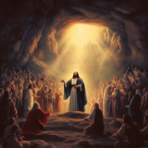 Premium Ai Image A Painting Of Jesus Standing In Front Of A Crowd Of