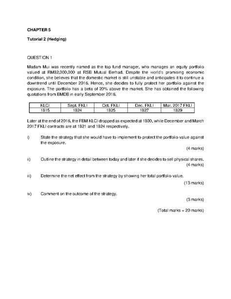 Tutorial 2 Hedging - notes - CHAPTER 5 Tutorial 2 (Hedging) QUESTION 1