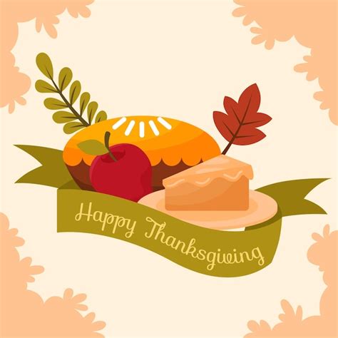 Premium Vector Happy Thanksgiving Day With Pie Cake Leaves And Ribbon