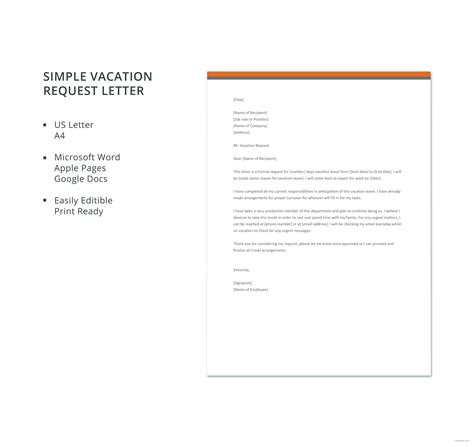 Free Simple Vacation Request Letter Template in Microsoft Word, Apple ...