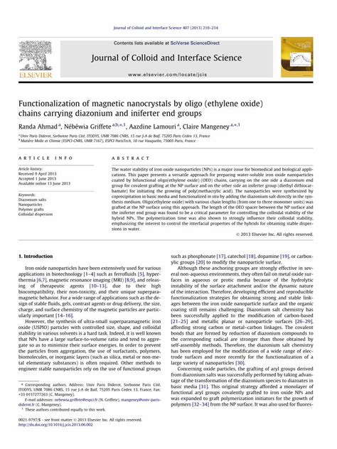 Pdf Functionalization Of Magnetic Nanocrystals By Oligo Ethylene
