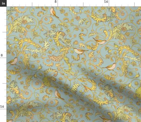 Nostalgic Whimsical Sparrows Duck Egg Fabric Spoonflower