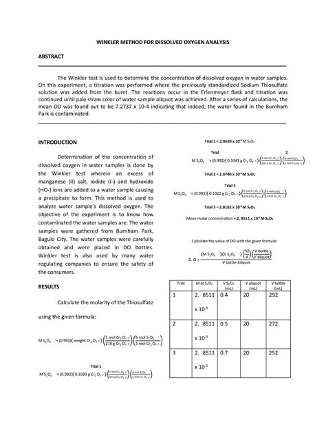 Winkler Method For Dissolved Oxygen Analysis Winkler Method For