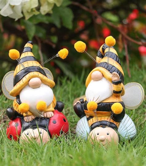 Teresas Collections Funny Garden Gnome On Bee And Ladybug Set Of 2