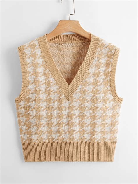 V Neck Houndstooth Pattern Sweater Vest