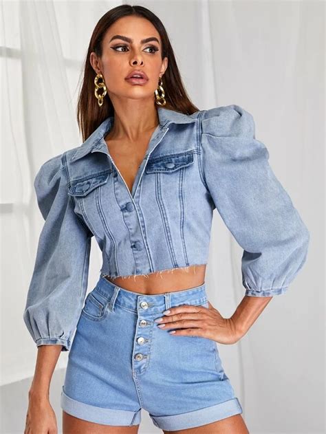 Puff Sleeve Buttoned Crop Denim Jacket Artofit