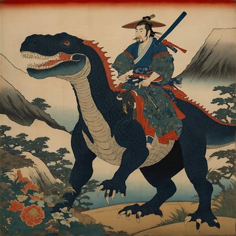 Pintura Japonesa De Ukiyoe De Um Samurai Montando Um Dinossauro