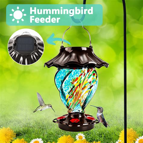 Lujii Solar Powered Hummingbird Feeder Hand Blown Glass 35 Fl Oz Leak Proof Garden Decor