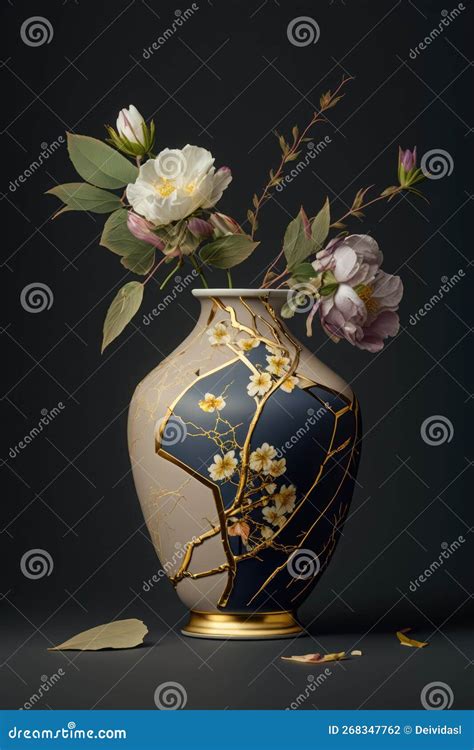 Elegant Kintsugi Vase With Beautiful Flowers A Unique Blend Of