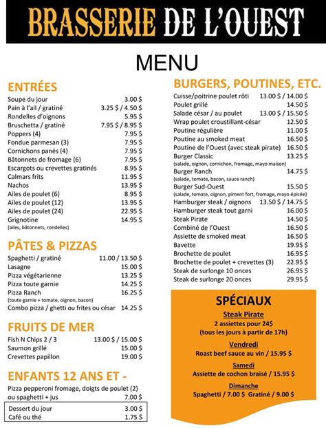 Notre Menu Restaurant Brasserie De Louest