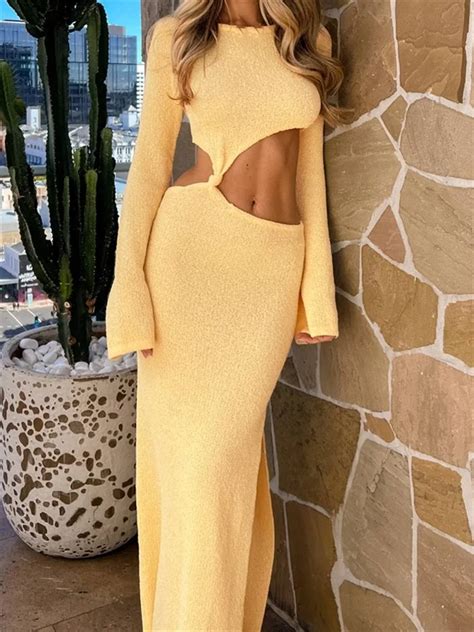 Chronstyle Sexy Women Ruched Hollow Out Long Dress Long Flare Sleeve