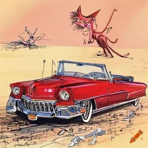 Cartoon Sketch Of A Black Cat In A Red Cadillac Roaring Through The