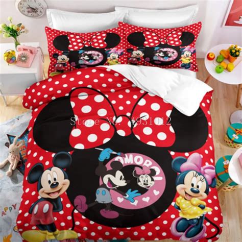 Red Mickey Minnie Mouse Set Tempat Tidur Kartun Disney Seprai Katun