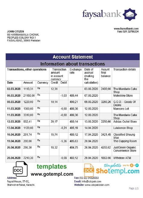 Pakistan Faysal Bank Statement Template In Word And Pdf Format