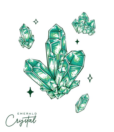 Set of emerald quartz illustration hand drawn crystal gemstone green ...