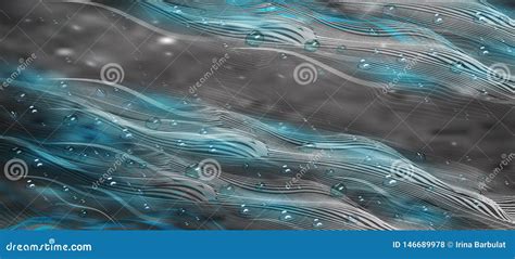 Water Drops And Abstract Wavy Lines On Grey Background In Realism Style