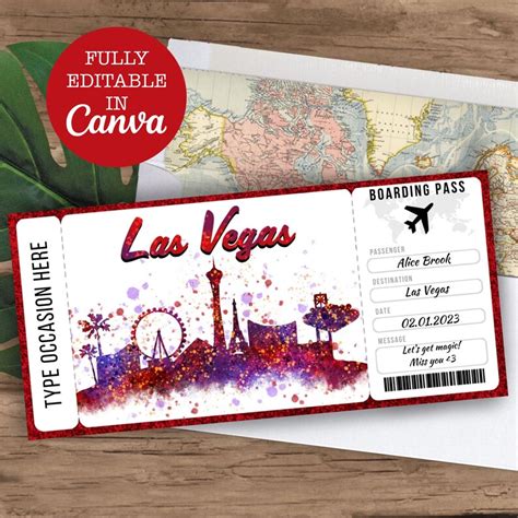 Las Vegas Boarding Pass Surprise Editable Flight Ticket Gift Las Vegas