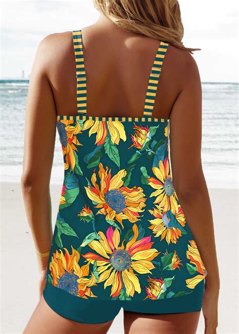 Floral Print Circular Ring Blackish Green Tankini Set Rosewe