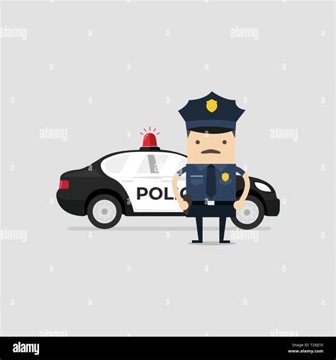 Policeman Officer In Uniform With Police Car Funny Cop Cartoon Character Stock Vector Image