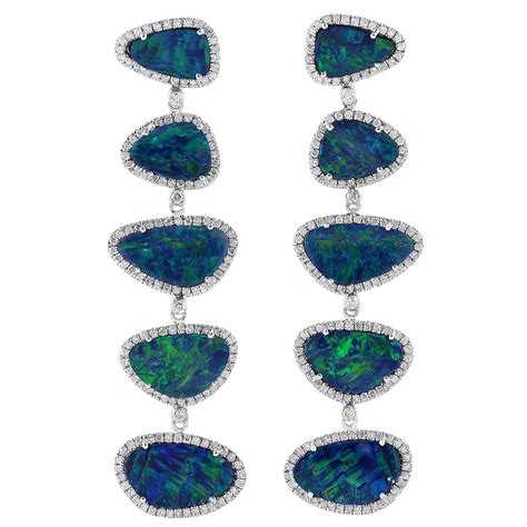 11 7 Carat Opal 18 Karat White Gold Tiered Drop Diamond Earrings For