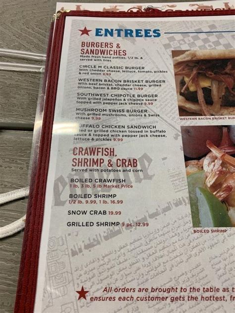 Menu at Circle M Crawfish restaurant, Big Sandy, State Hwy 155