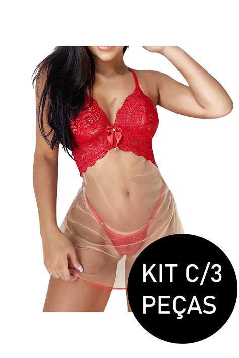 Kit C 3 Camisola Romana Sexy Luxo Tuly Renda BBM Lingerie Lingerie