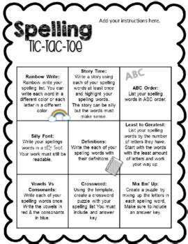 Editable Spelling Tic Tac Toe Choice Board Blank Templates Tpt