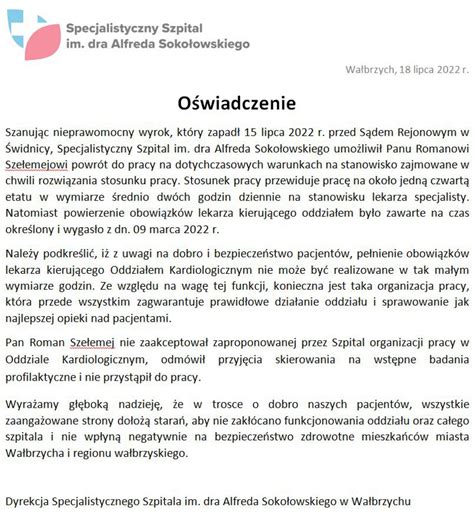 O Wiadczenie Specjalistycznego Szpitala Im Dra Alfreda Soko Owskiego W