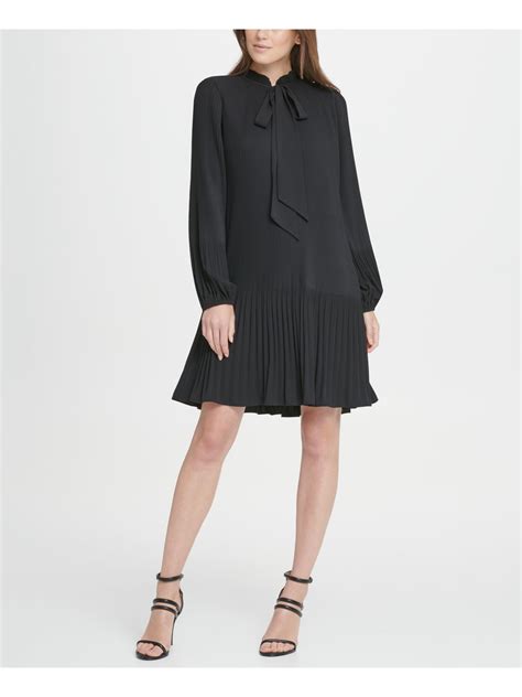 Dkny Womens Black Pleated Long Sleeve Tie Neck Short Shift Dress 2