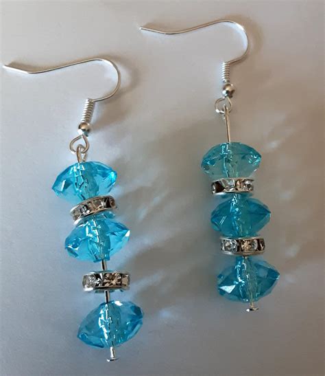 Three Bead Aqua Blue Earrings With Rondelles And Silver Wires Etsy Aqua Blue Earrings