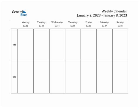 Weekly Calendar With Monday Start For Week 1 January 2 2023 To