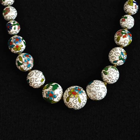 Antique Hand Painted Cloisonn Graduated Bead Necklace On White