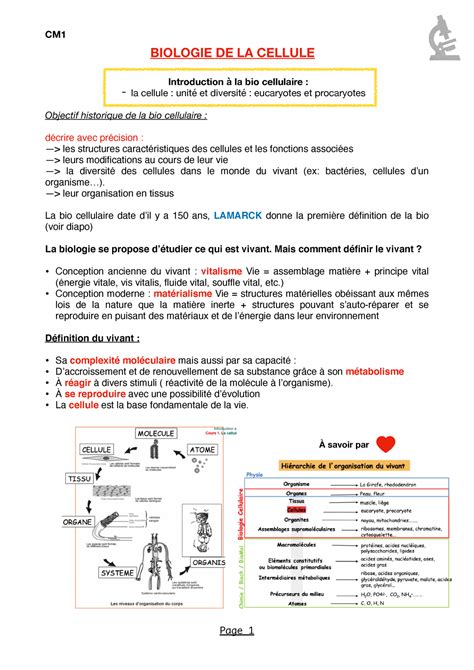 Cm1 Notes De Cours 1 Biologie De La Cellule Introduction à La Bio